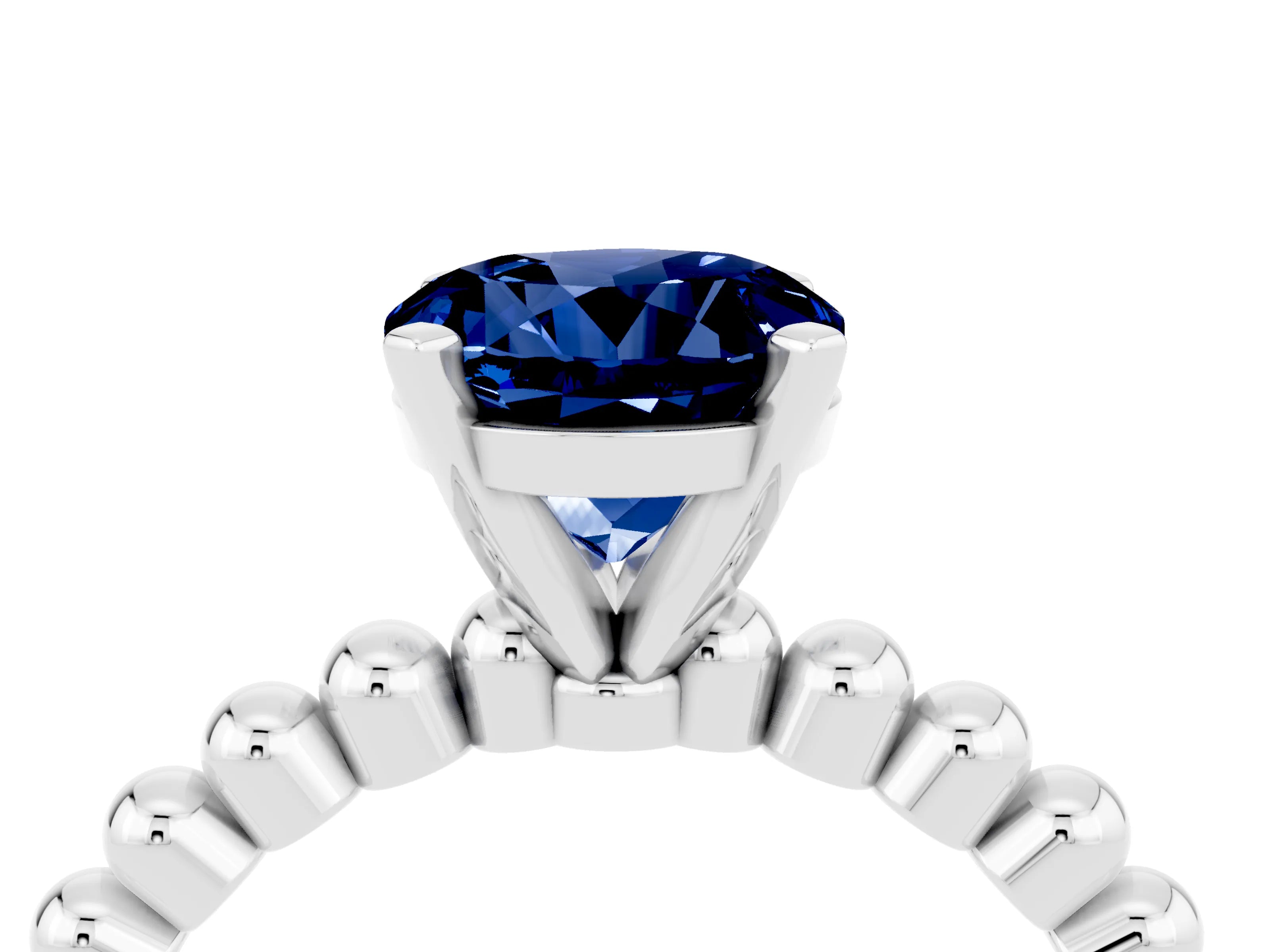 White gold Round Cut Blue Sapphire Solitaire Ring with Beaded Band and Prong Setting_4