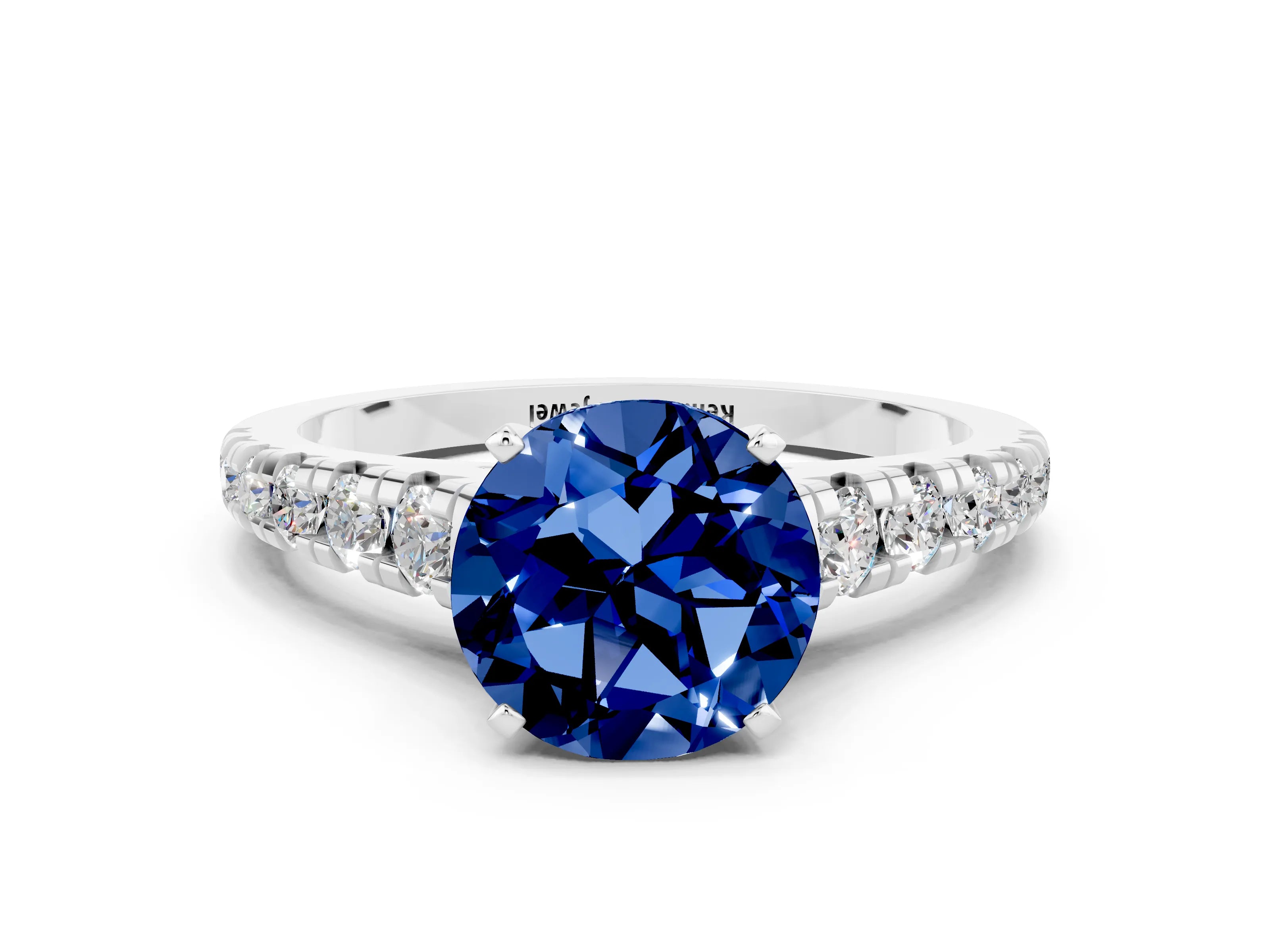 White gold Round Cut Blue Sapphire Solitaire Ring with Cathedral Setting and Pavé Band