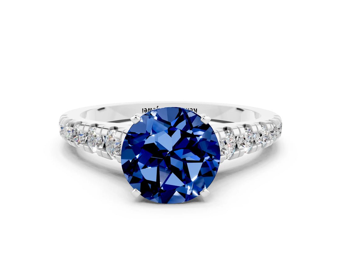 White gold Round Cut Blue Sapphire Solitaire Ring with Cathedral Setting and Pavé Band