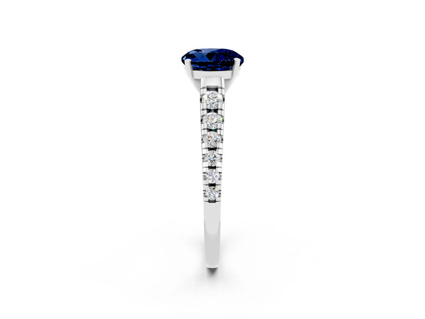 White gold Round Cut Blue Sapphire Cathedral Solitaire Ring with Round  Pavé Band