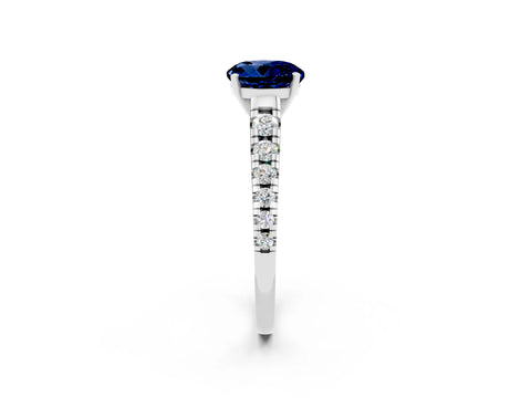 White gold Round Cut Blue Sapphire Solitaire Ring with Cathedral Setting and Pavé Band_2