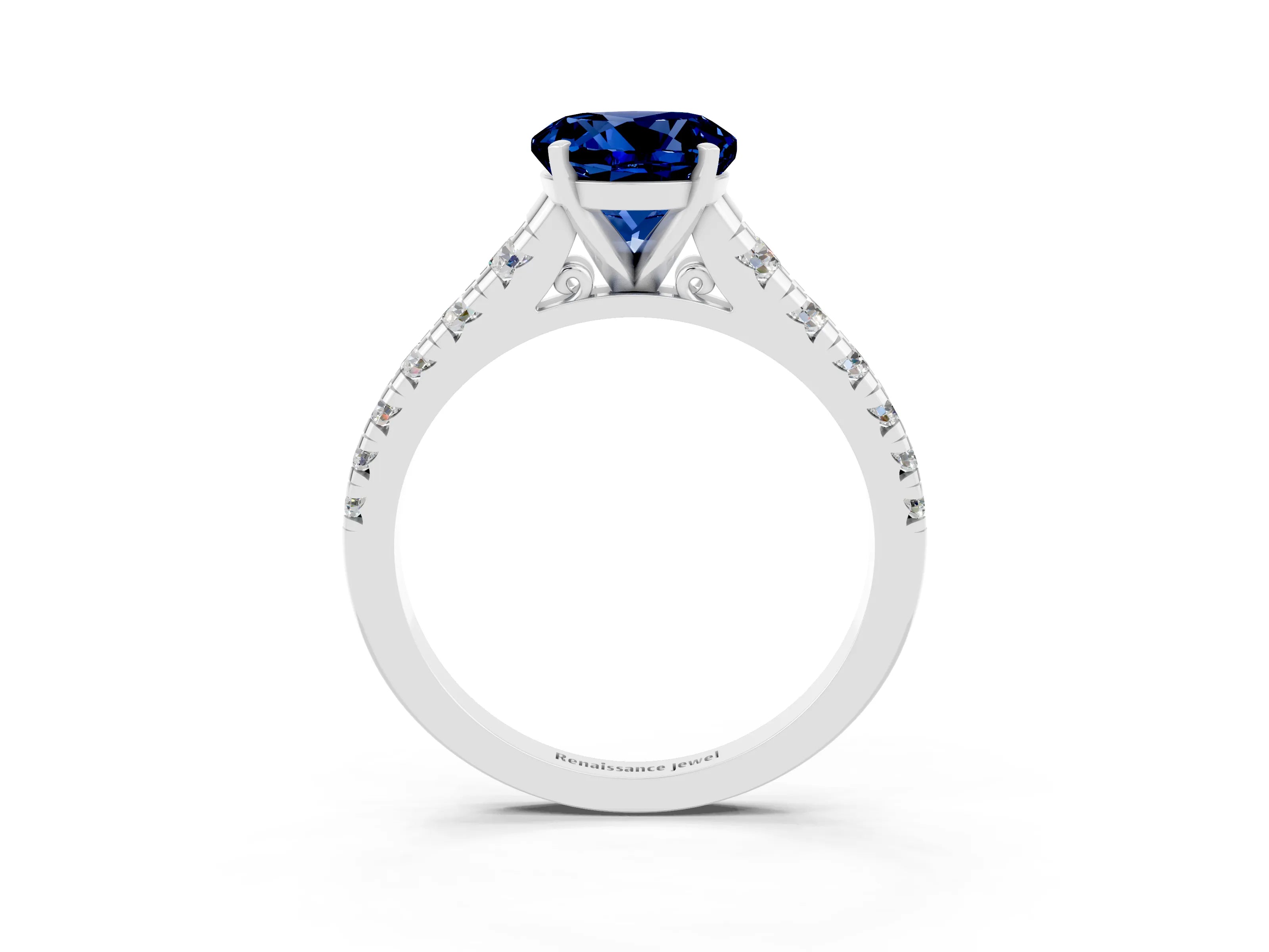 White gold Round Cut Blue Sapphire Solitaire Ring with Cathedral Setting and Pavé Band_3