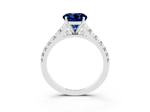 White gold Round Cut Blue Sapphire Solitaire Ring with Cathedral Setting and Pavé Band_3