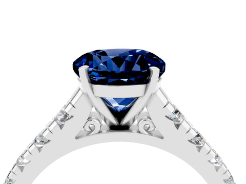 White gold Round Cut Blue Sapphire Solitaire Ring with Cathedral Setting and Pavé Band_4