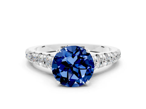 White gold Round Cut Blue Sapphire Solitaire Ring with Cathedral Setting and Pavé Band