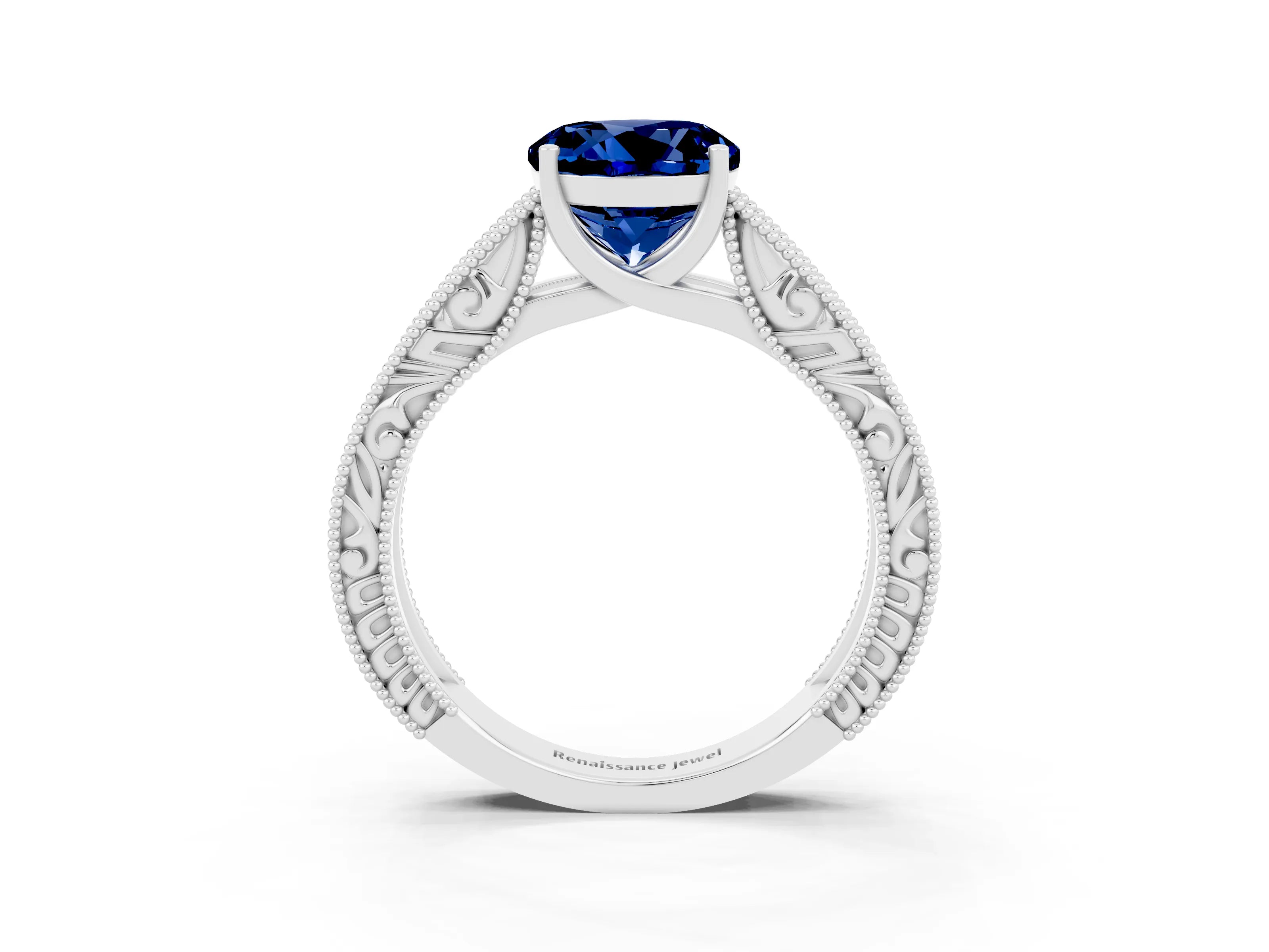 White gold Round Cut Blue Sapphire Solitaire Ring with Engraved Band and Four-Prong Setting_3
