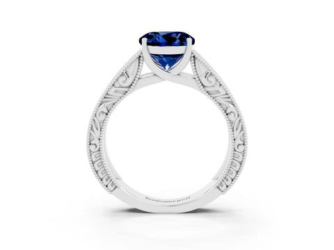 White gold Round Cut Blue Sapphire Solitaire Ring with Engraved Band and Four-Prong Setting_3