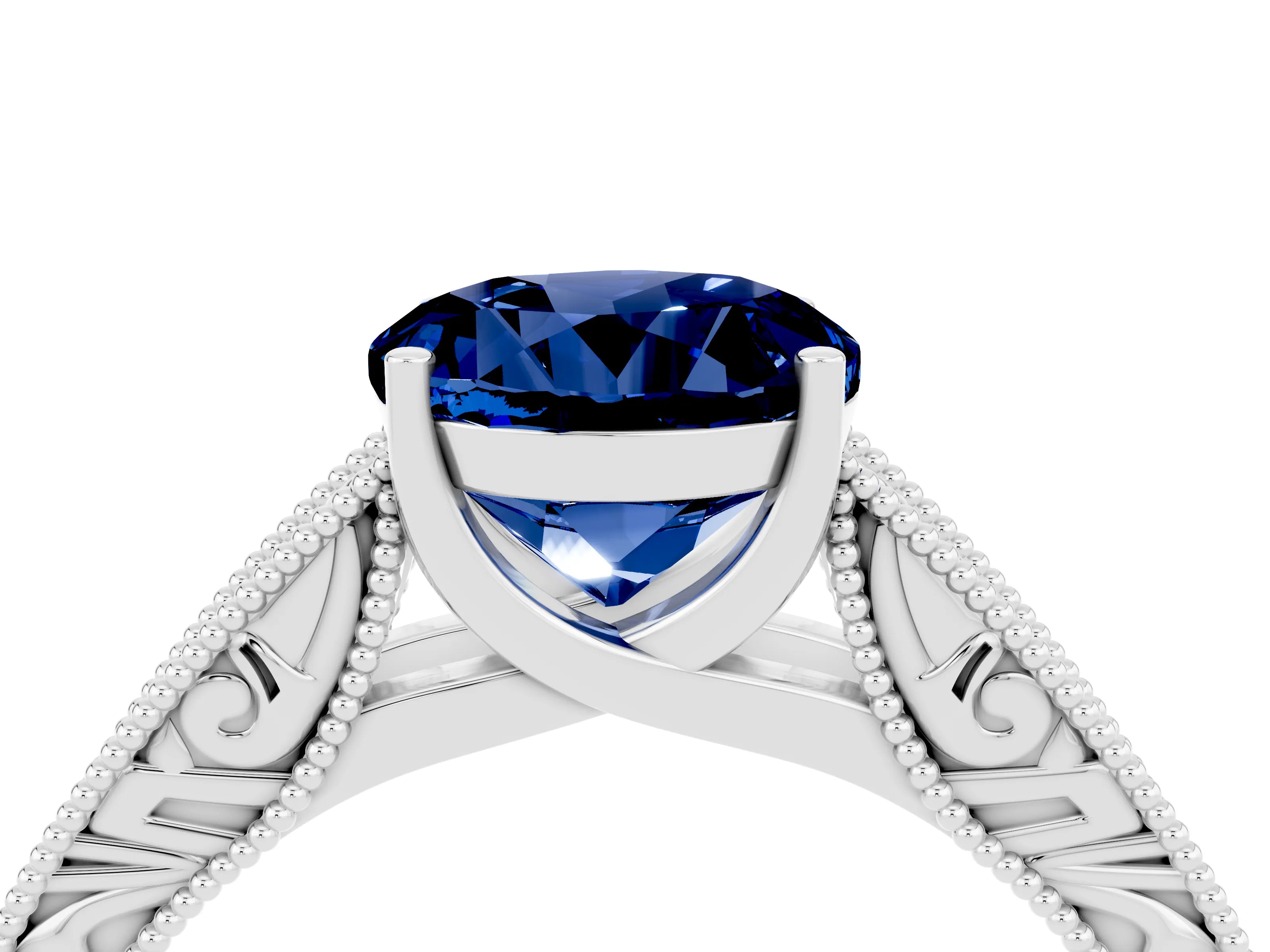 White gold Round Cut Blue Sapphire Solitaire Ring with Engraved Band and Four-Prong Setting_4