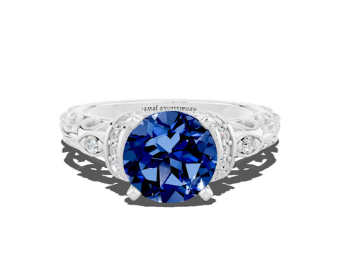 White gold Round Cut Blue Sapphire Solitaire Ring with Filigree Band and Four-Prong Setting_24