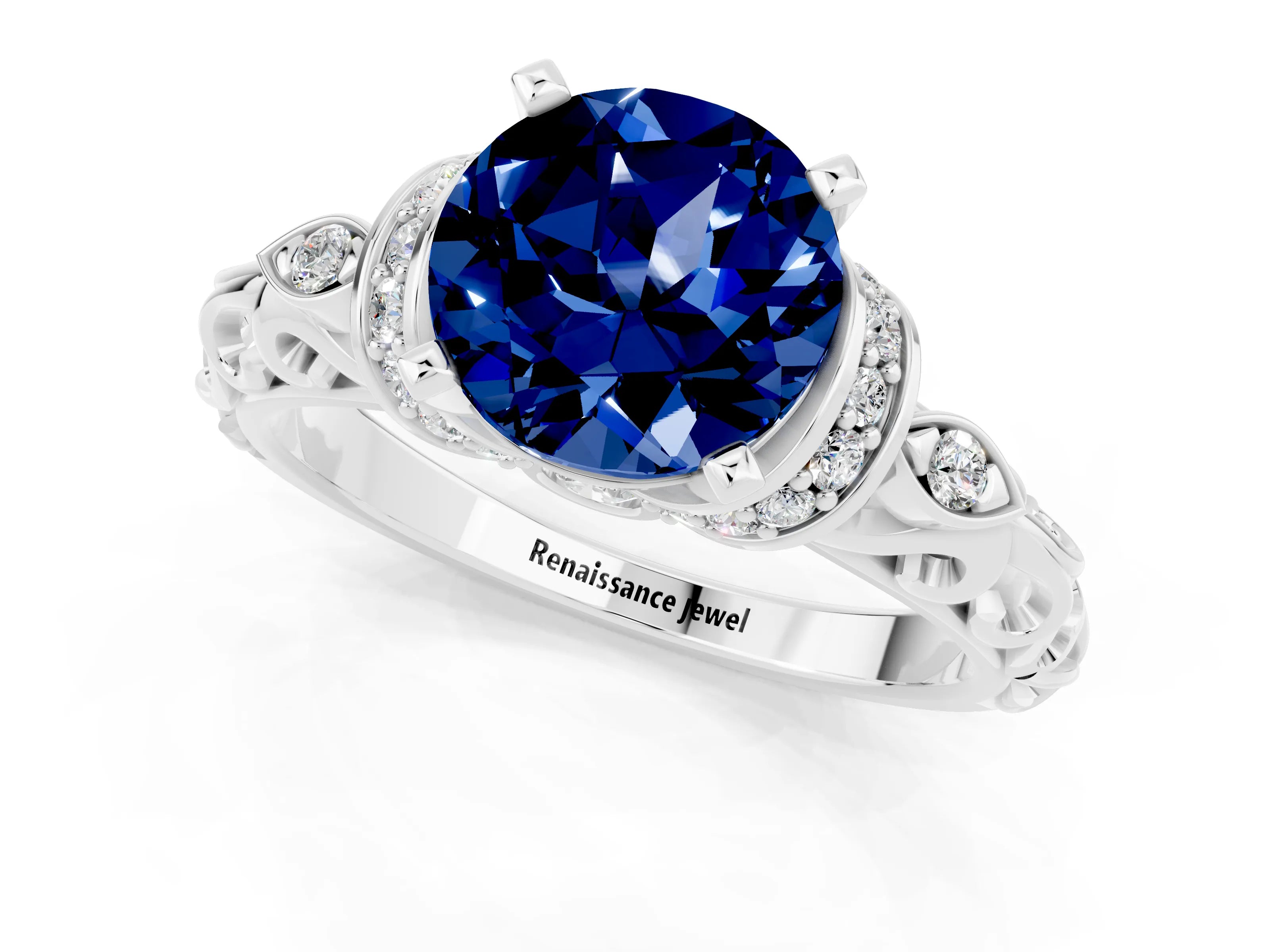 White gold Round Cut Blue Sapphire Solitaire Ring with Filigree Band and Four-Prong Setting_25