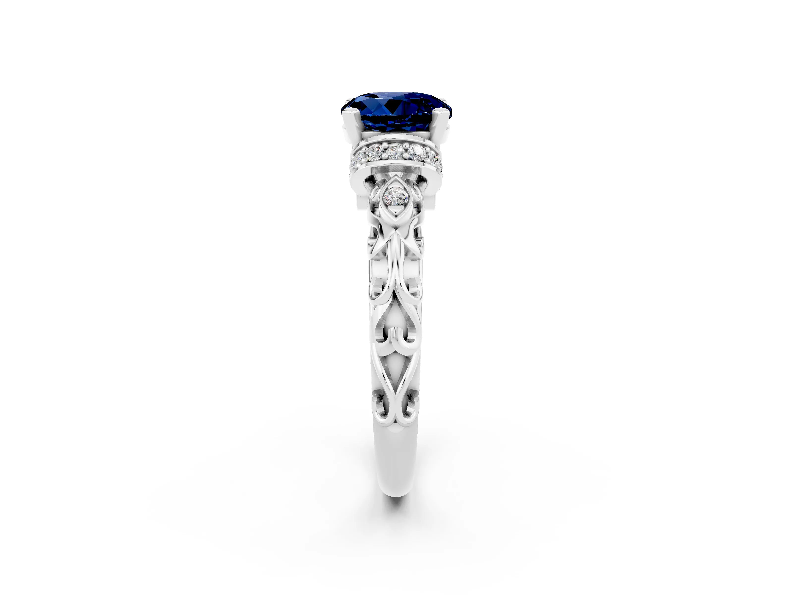 White gold Round Cut Blue Sapphire Solitaire Ring with Filigree Band and Four-Prong Setting_26