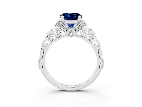 White gold Round Cut Blue Sapphire Solitaire Ring with Filigree Band and Four-Prong Setting_27