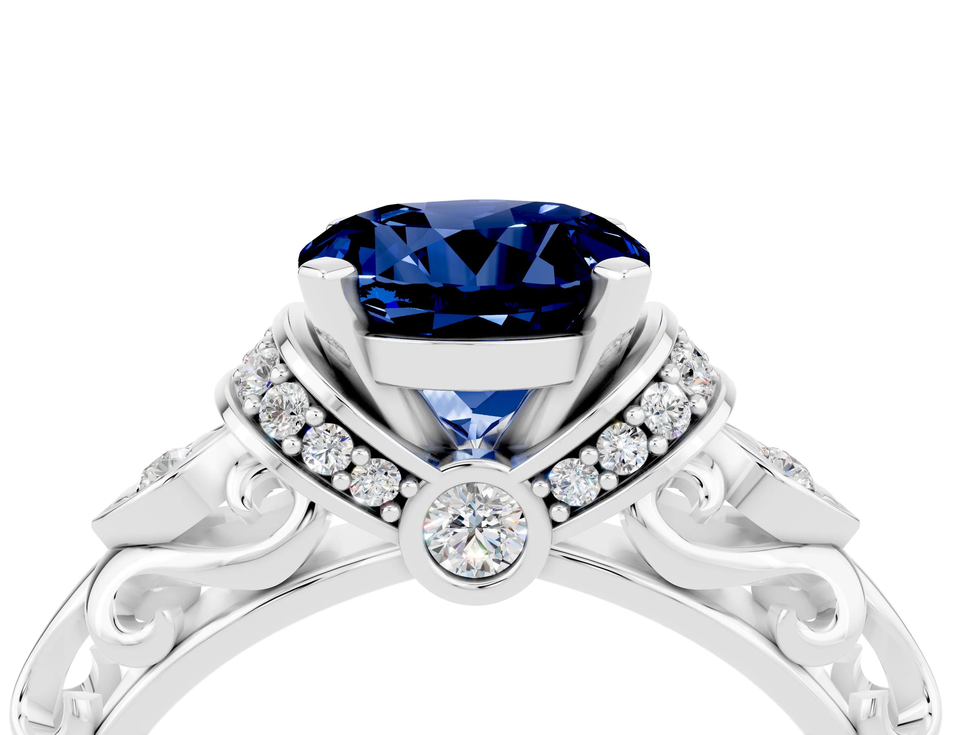 White gold Round Cut Blue Sapphire Solitaire Ring with Filigree Band and Four-Prong Setting_28