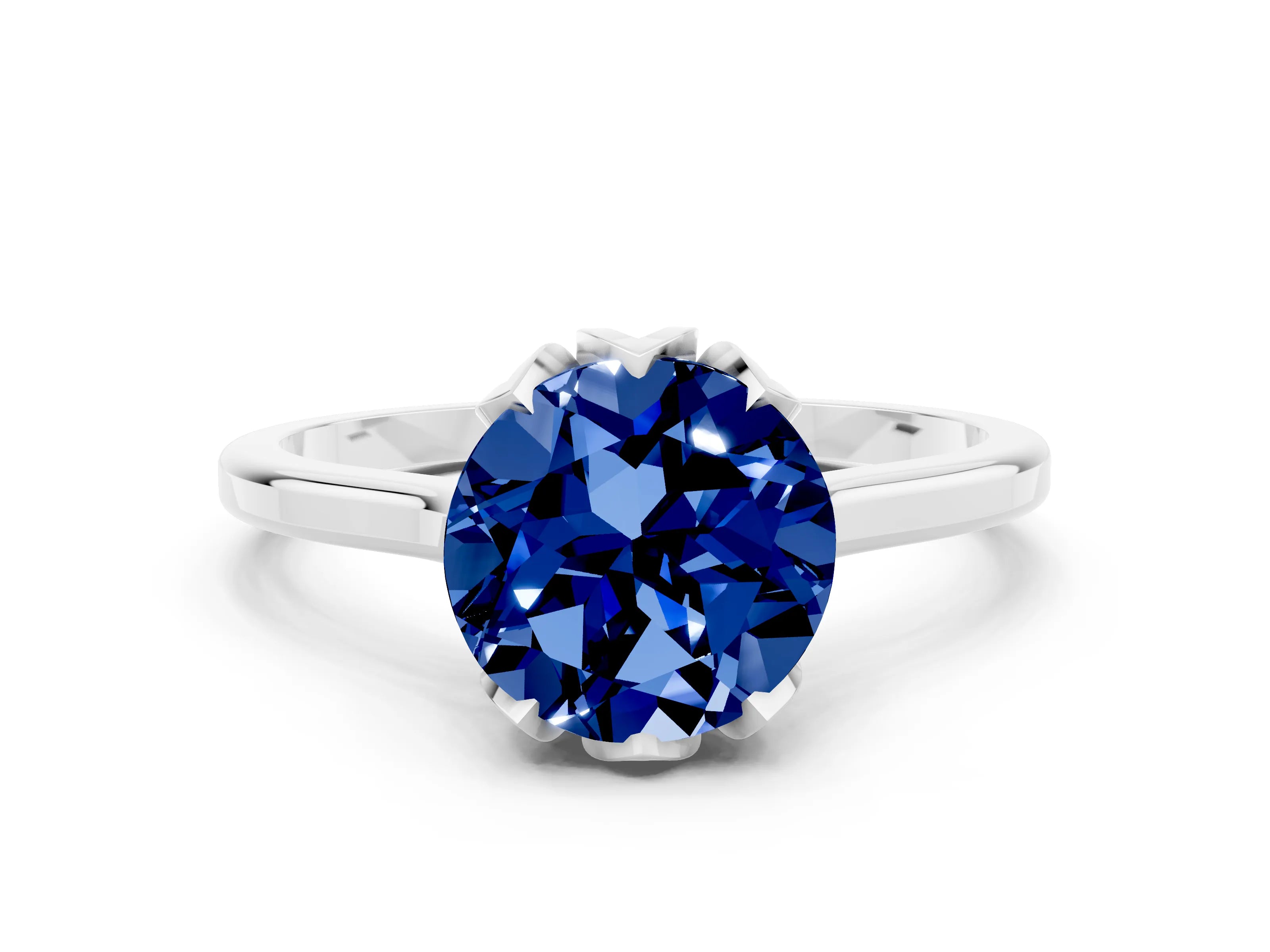 White gold Round Cut Blue Sapphire Solitaire Ring with Flower Prong Setting and Classic Band_12