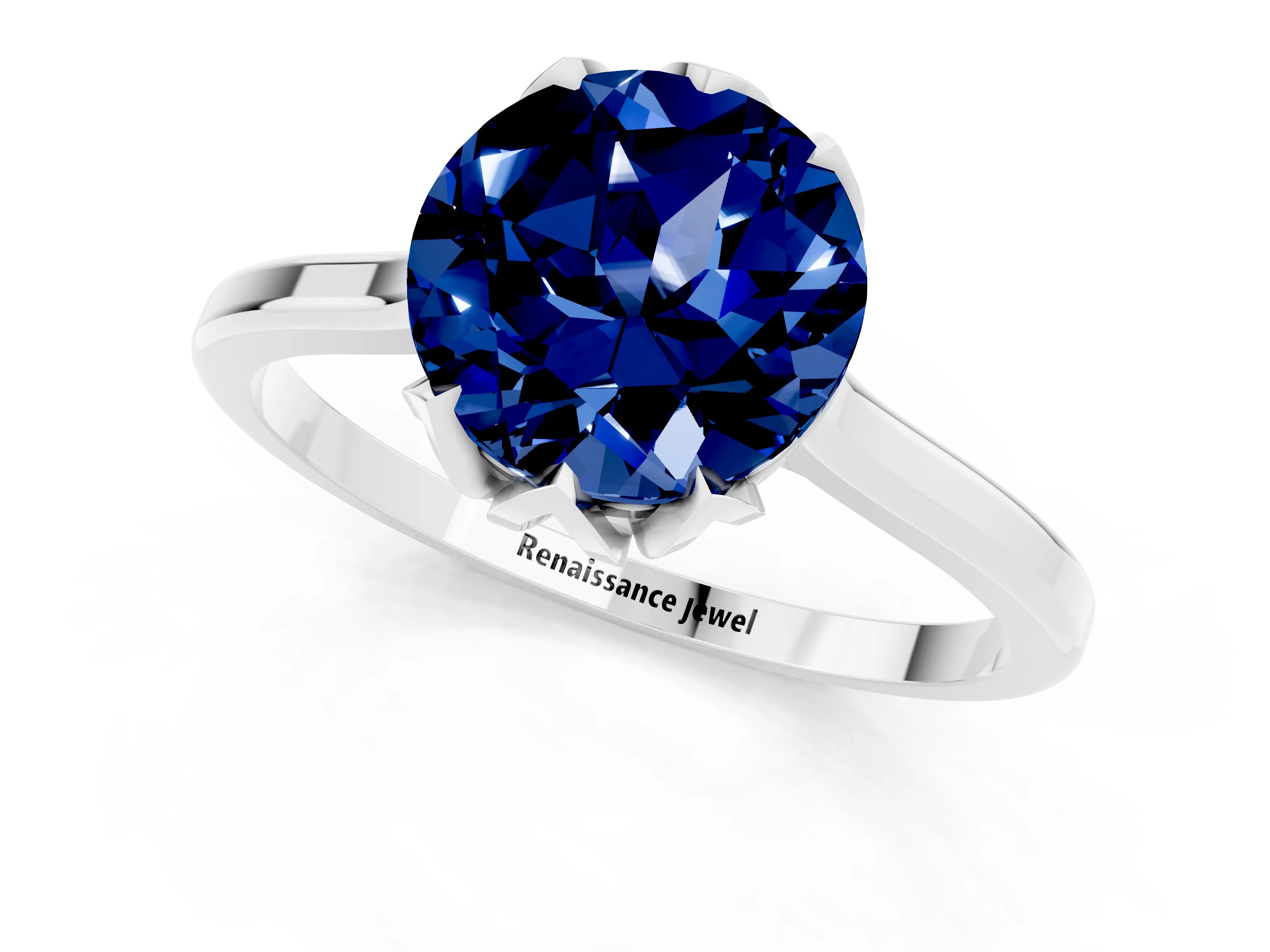 White gold Round Cut Blue Sapphire Solitaire Ring with Flower Prong Setting and Classic Band_13