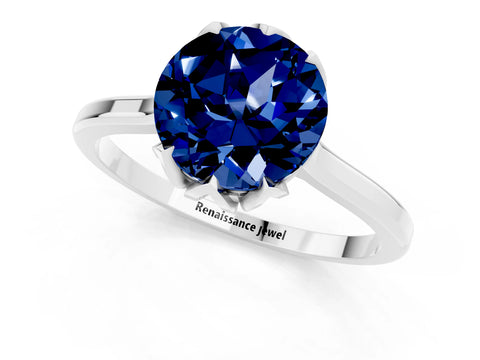 White gold Round Cut Blue Sapphire Solitaire Ring with Flower Prong Setting and Classic Band_13