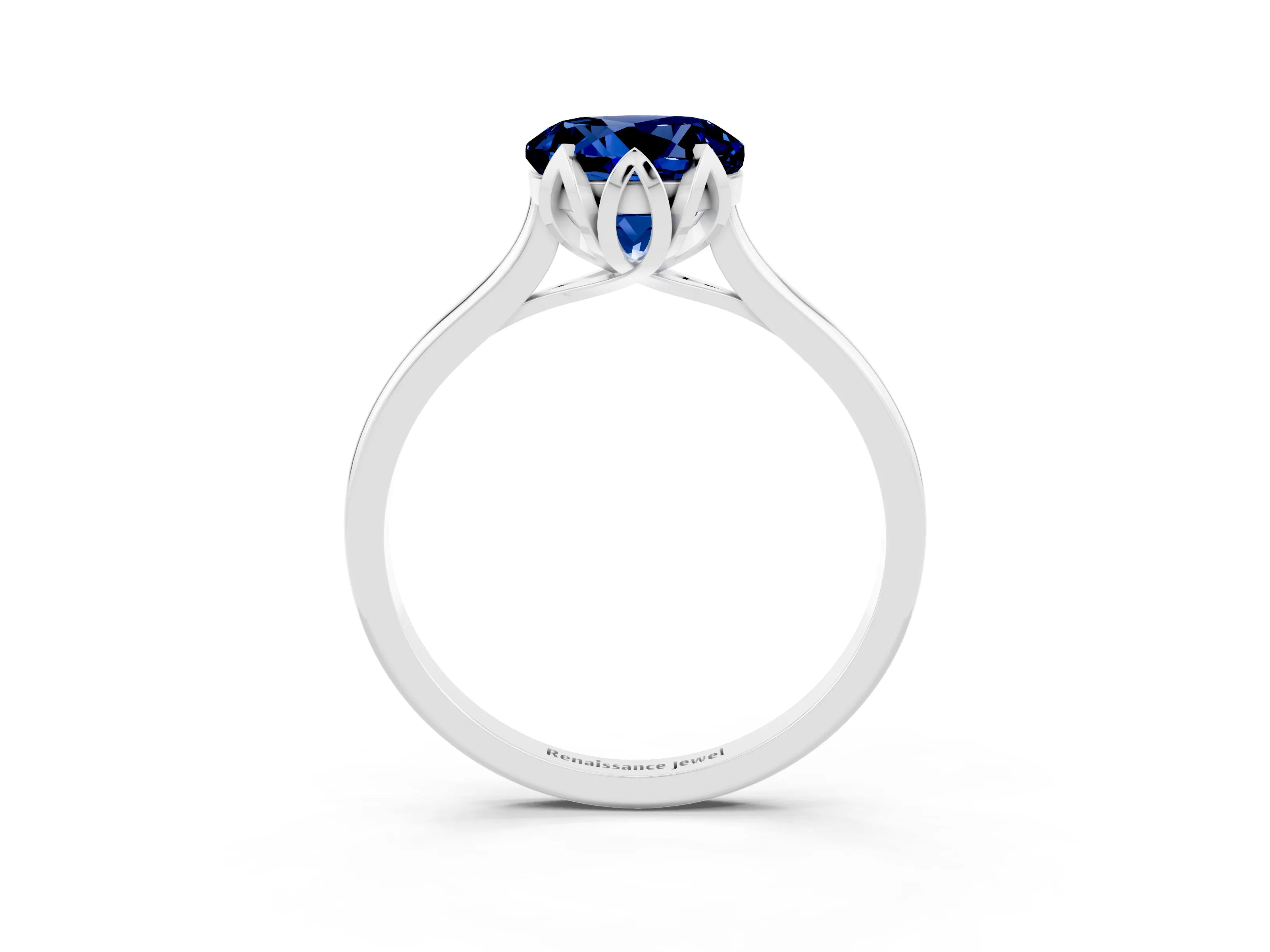 White gold Round Cut Blue Sapphire Solitaire Ring with Flower Prong Setting and Classic Band_15