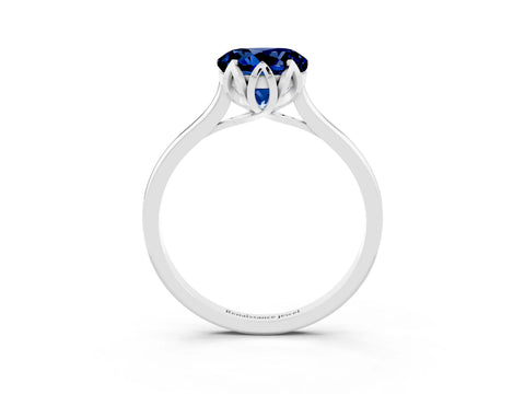 White gold Round Cut Blue Sapphire Solitaire Ring with Flower Prong Setting and Classic Band_15