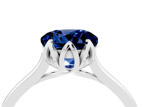 White gold Round Cut Blue Sapphire Solitaire Ring with Flower Prong Setting and Classic Band_16