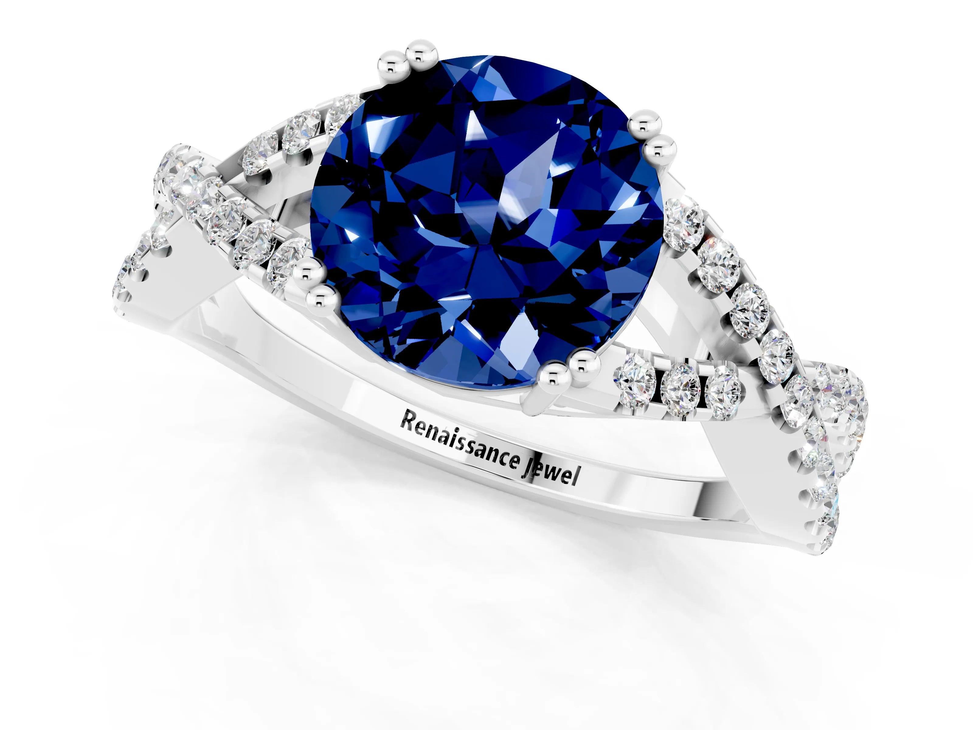White gold Round Cut Blue Sapphire Solitaire Ring with Four-Prong Setting and Twisted Pavé Band_1