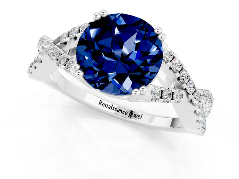 White gold Round Cut Blue Sapphire Solitaire Ring with Four-Prong Setting and Twisted Pavé Band_1