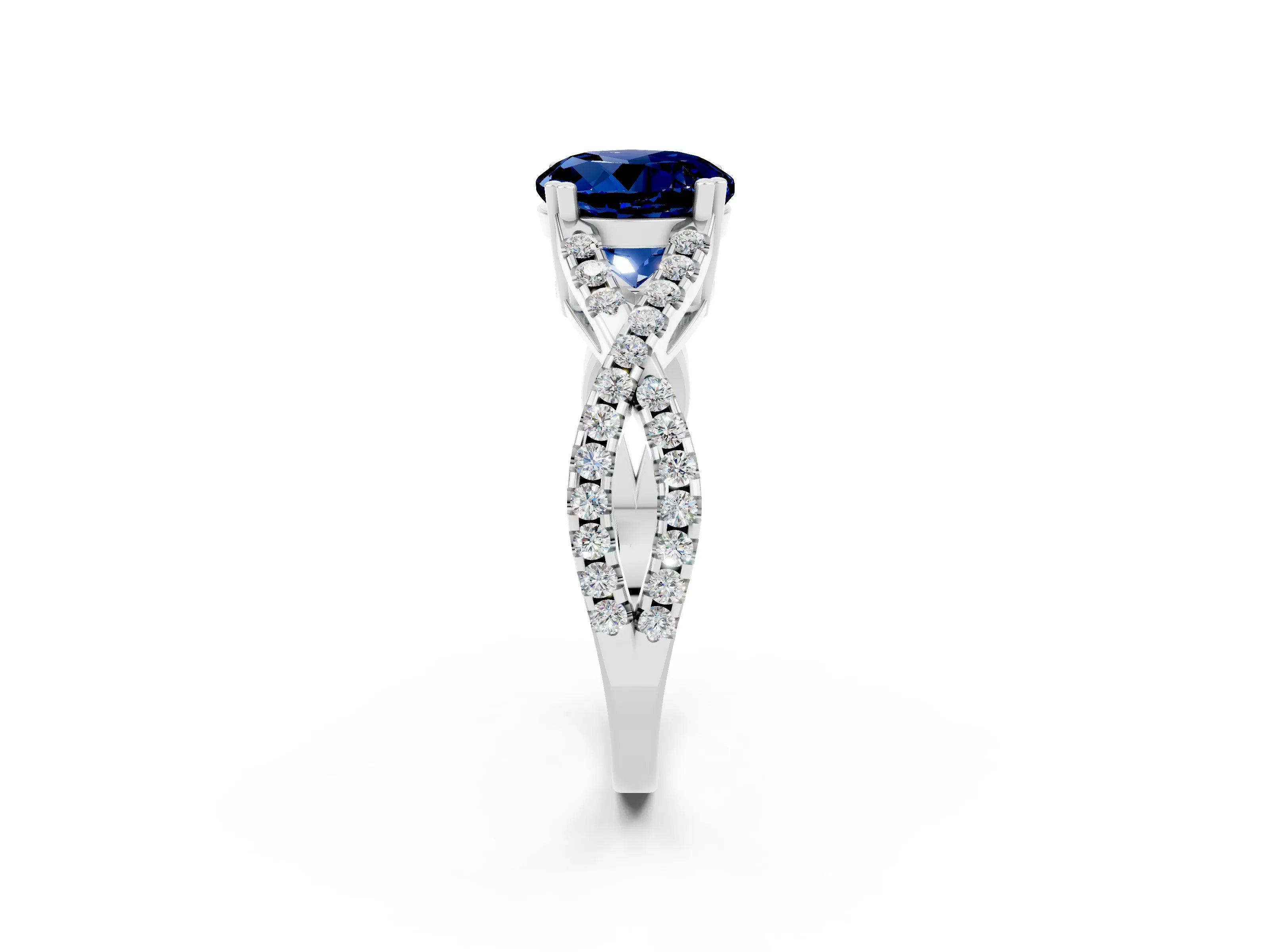 White gold Round Cut Blue Sapphire Solitaire Ring with Four-Prong Setting and Twisted Pavé Band_2
