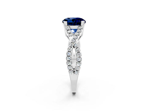 White gold Round Cut Blue Sapphire Solitaire Ring with Four-Prong Setting and Twisted Pavé Band_2