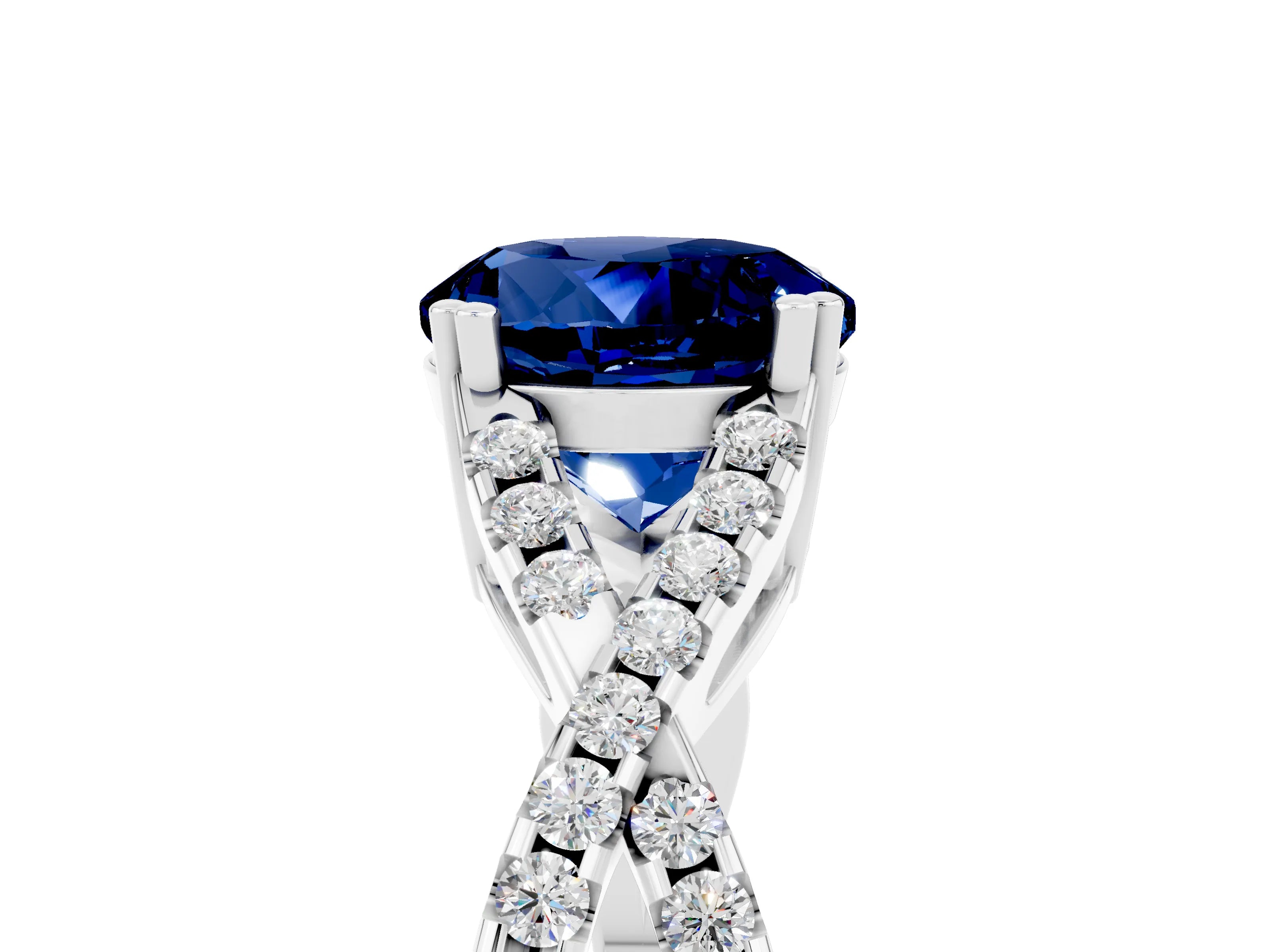 White gold Round Cut Blue Sapphire Solitaire Ring with Four-Prong Setting and Twisted Pavé Band_5