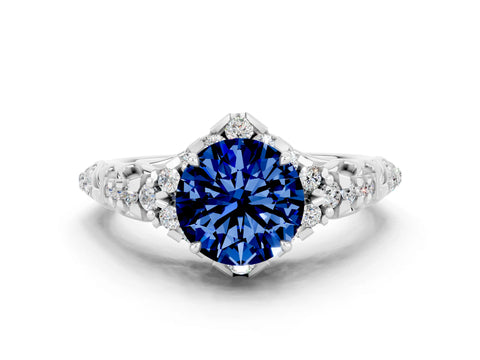 White gold Round Cut Blue Sapphire Solitaire Ring with Hidden Halo and Pavé Band_12