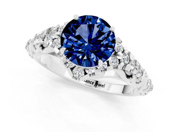 Silver Round Cut Blue Sapphire Solitaire Ring with Hidden Halo and Pavé Band