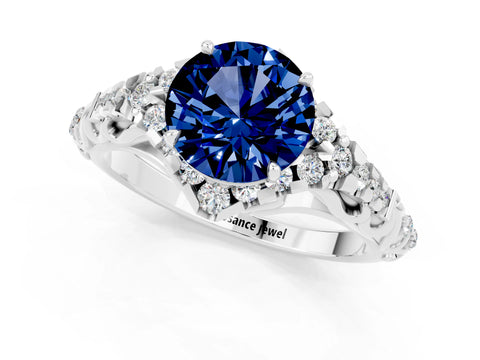 White gold Round Cut Blue Sapphire Solitaire Ring with Hidden Halo and Pavé Band_13