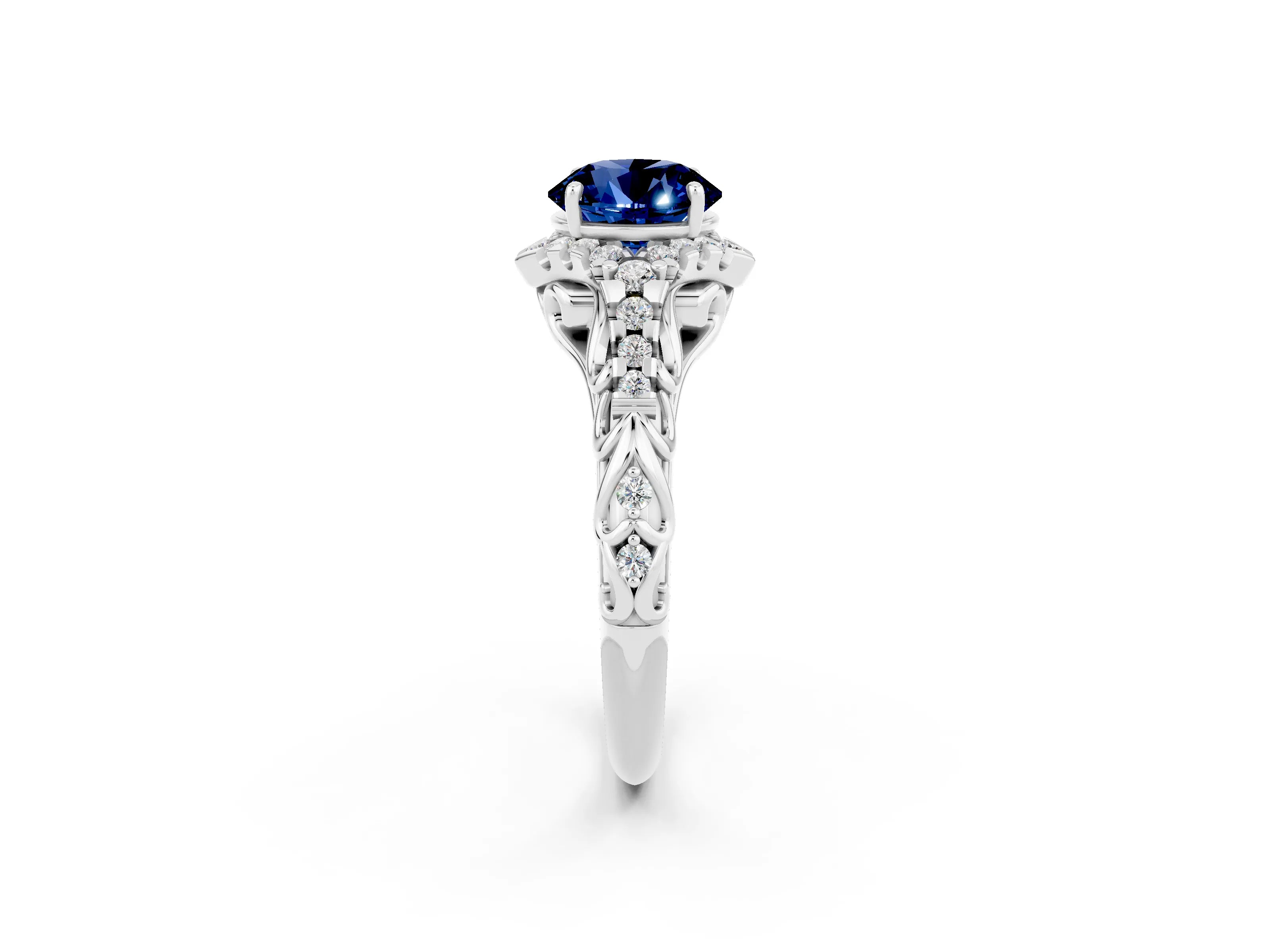 White gold Round Cut Blue Sapphire Solitaire Ring with Hidden Halo and Pavé Band_14