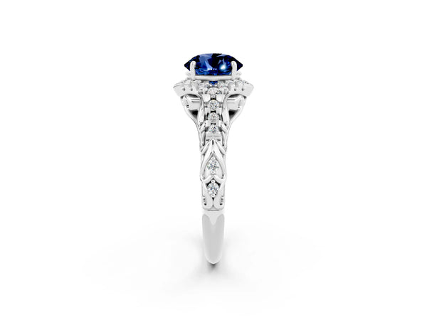 Platinum Round Cut Blue Sapphire Solitaire Ring with Hidden Halo and Pavé Band