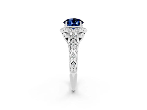 White gold Round Cut Blue Sapphire Solitaire Ring with Hidden Halo and Pavé Band_14