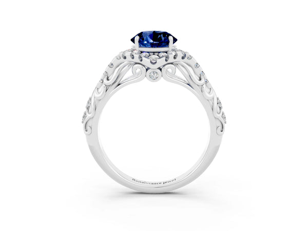 Platinum Round Cut Blue Sapphire Solitaire Ring with Hidden Halo and Pavé Band
