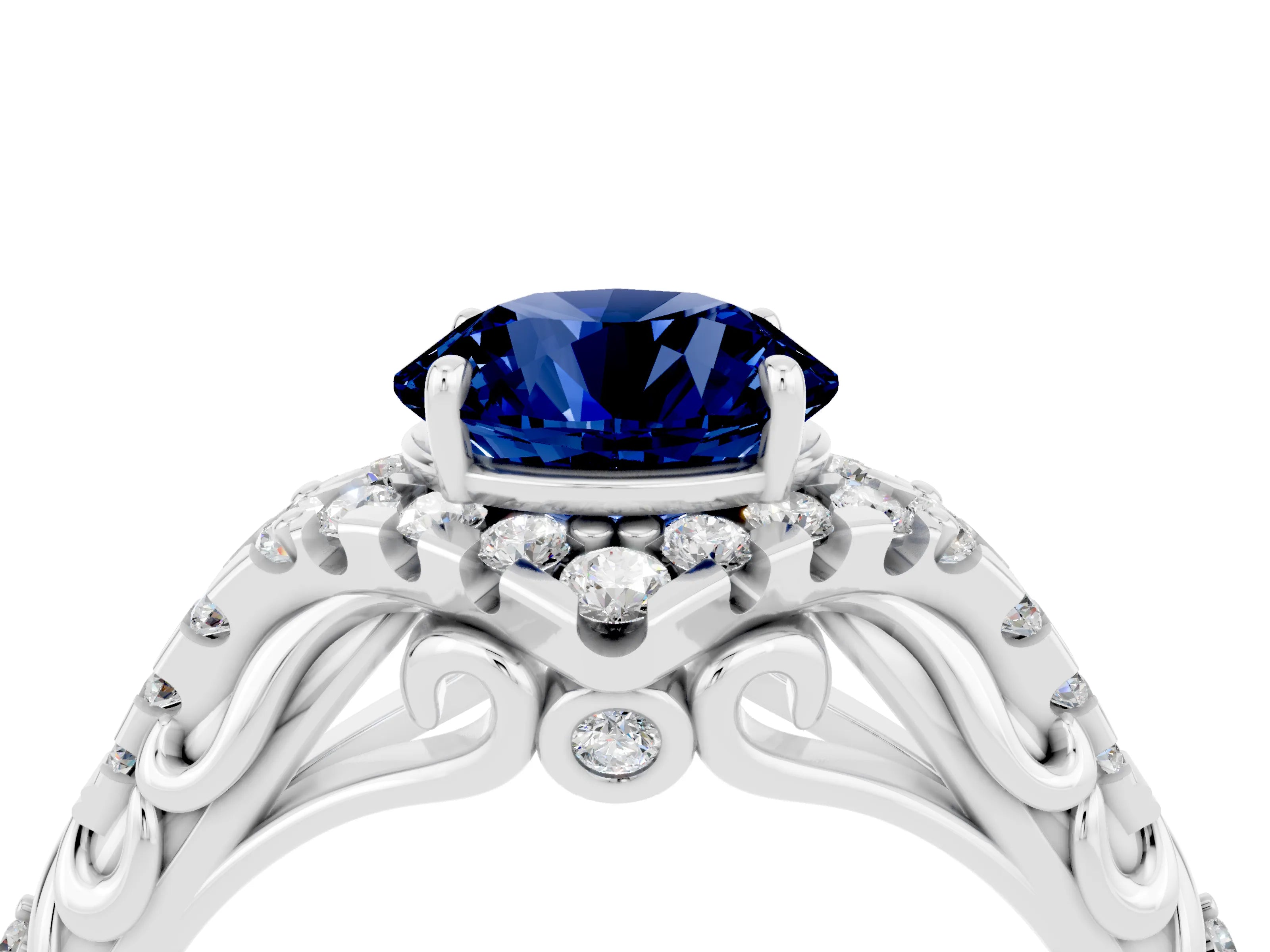 White gold Round Cut Blue Sapphire Solitaire Ring with Hidden Halo and Pavé Band_16