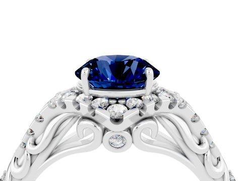 White gold Round Cut Blue Sapphire Solitaire Ring with Hidden Halo and Pavé Band_16