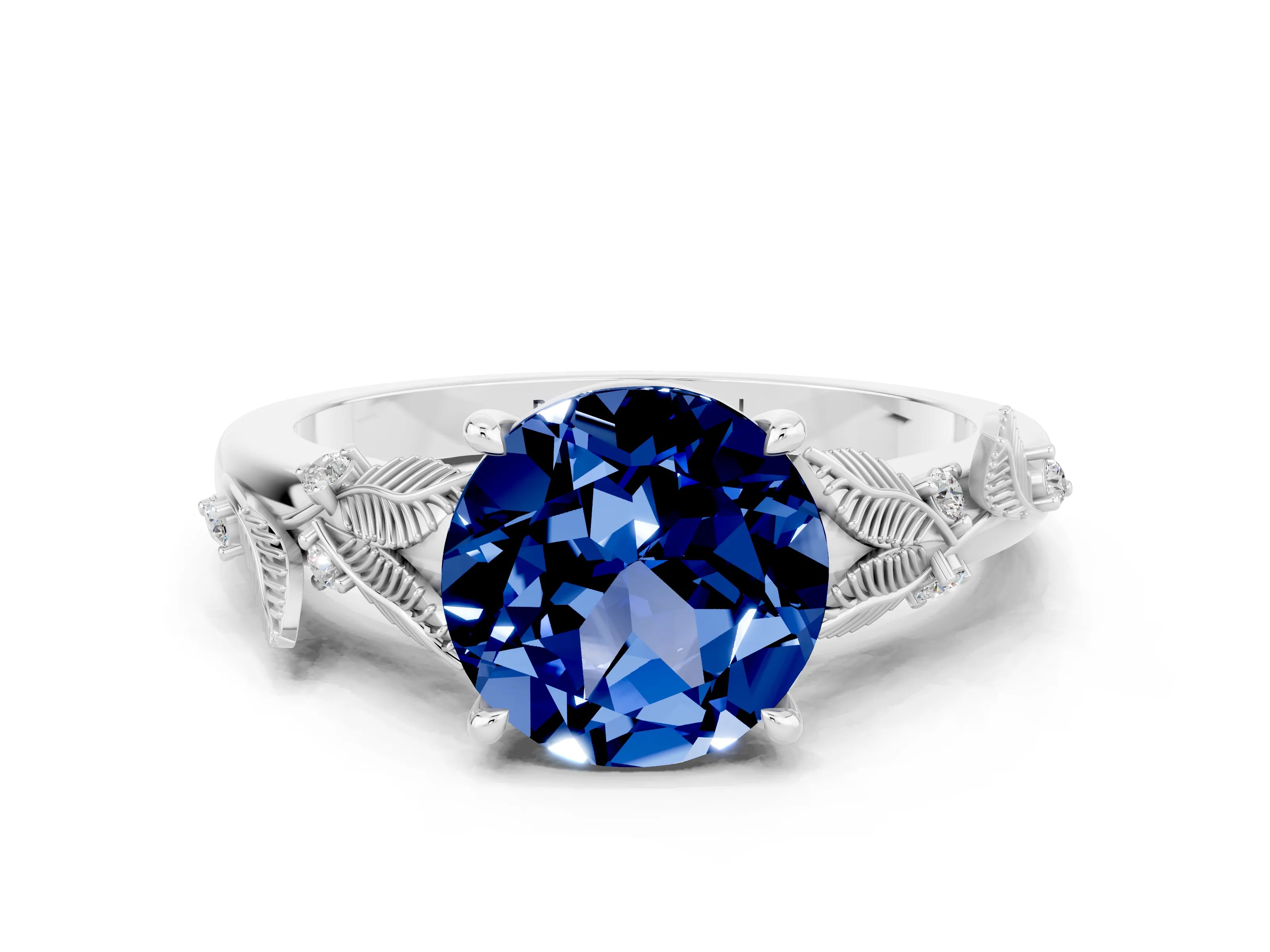 White gold Round Cut Blue Sapphire Solitaire Ring with Leaf Motif Band and Four-Prong Setting_31