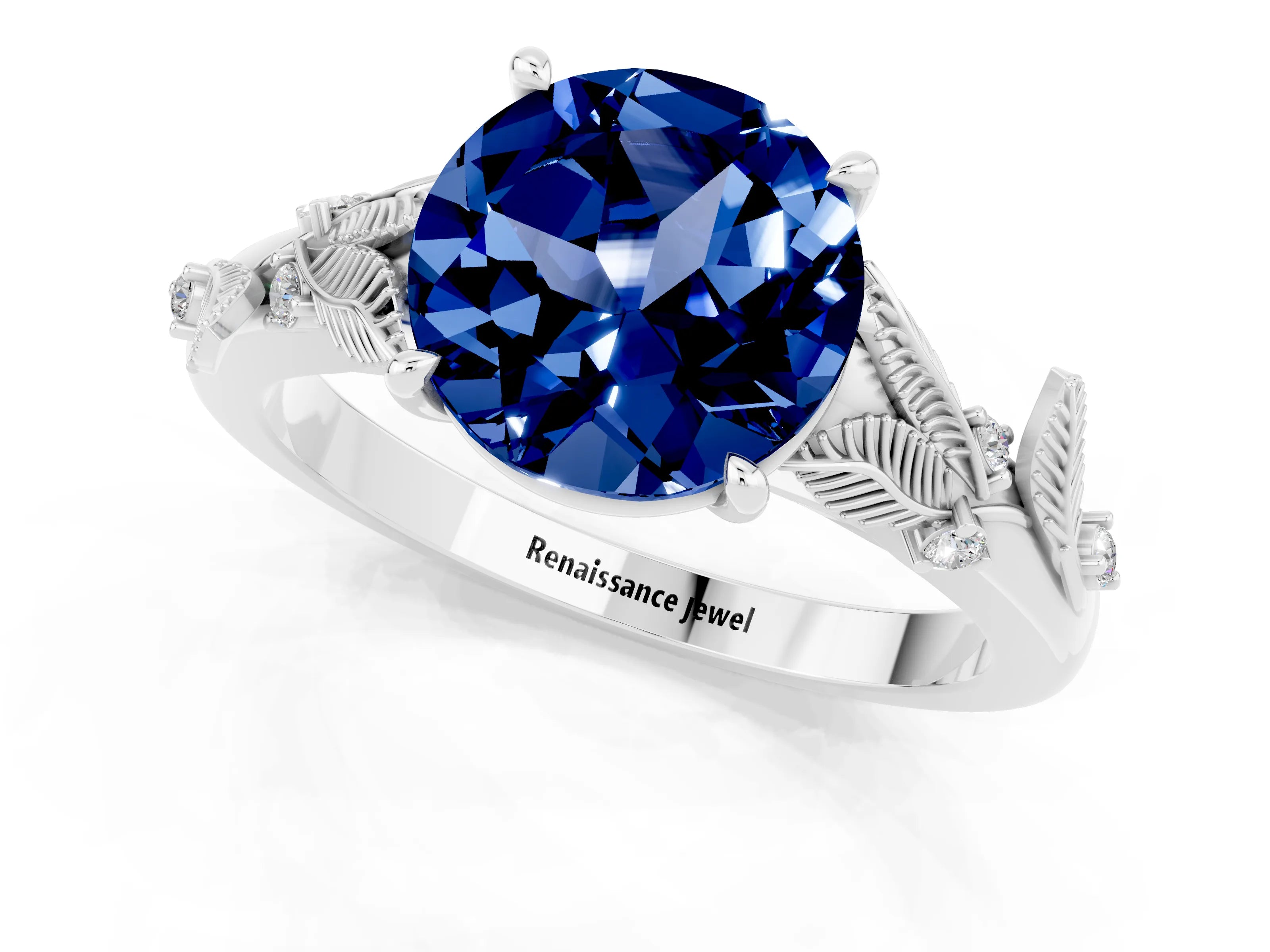 White gold Round Cut Blue Sapphire Solitaire Ring with Leaf Motif Band and Four-Prong Setting_32