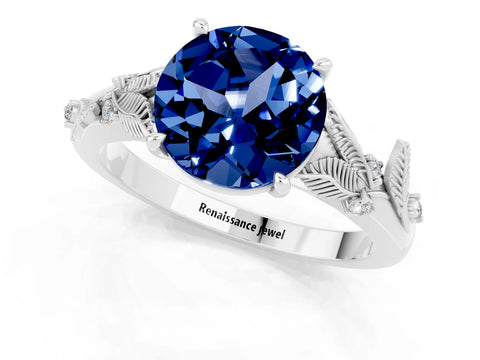 White gold Round Cut Blue Sapphire Solitaire Ring with Leaf Motif Band and Four-Prong Setting_32