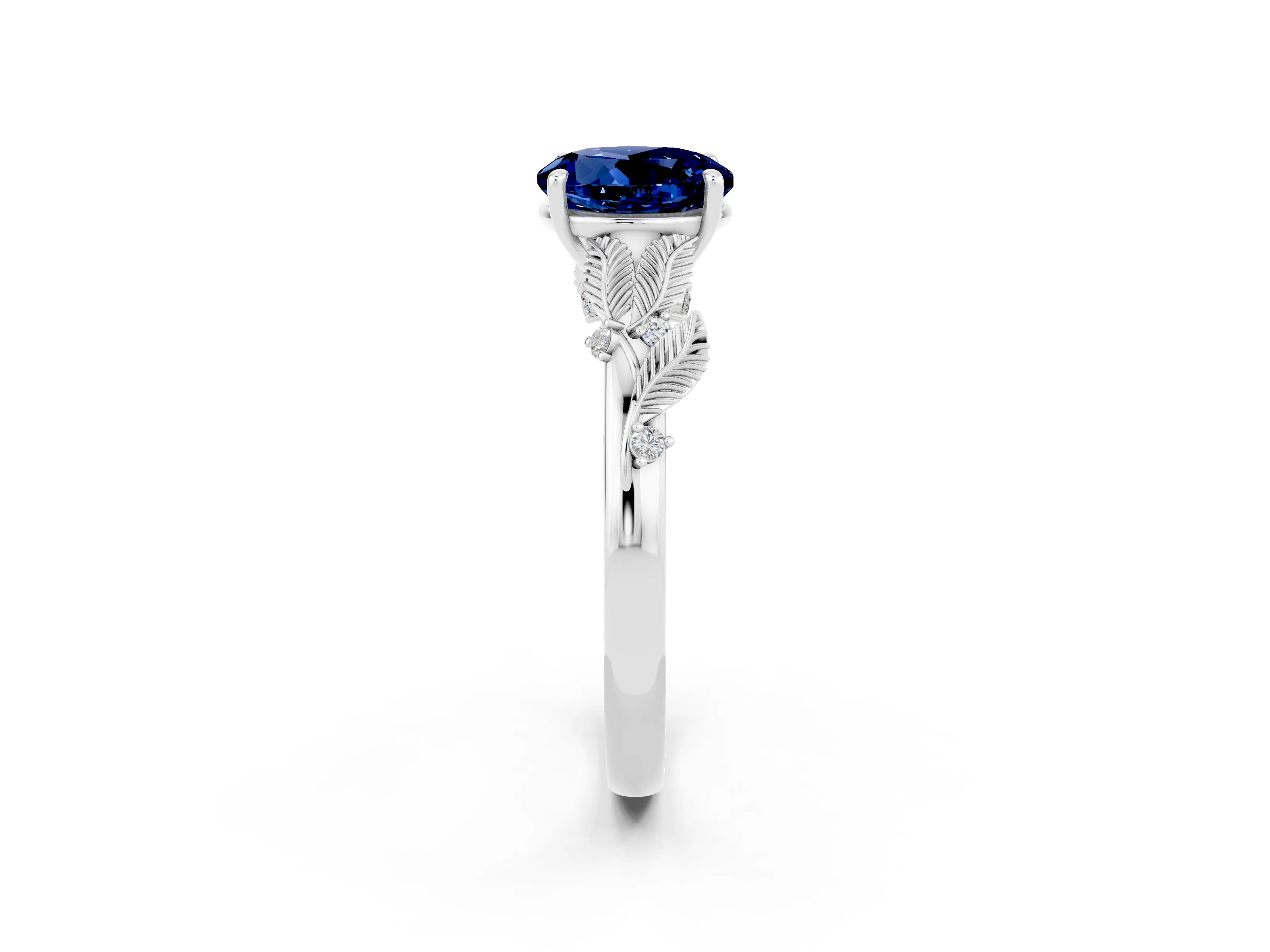 White gold Round Cut Blue Sapphire Solitaire Ring with Leaf Motif Band and Four-Prong Setting_33