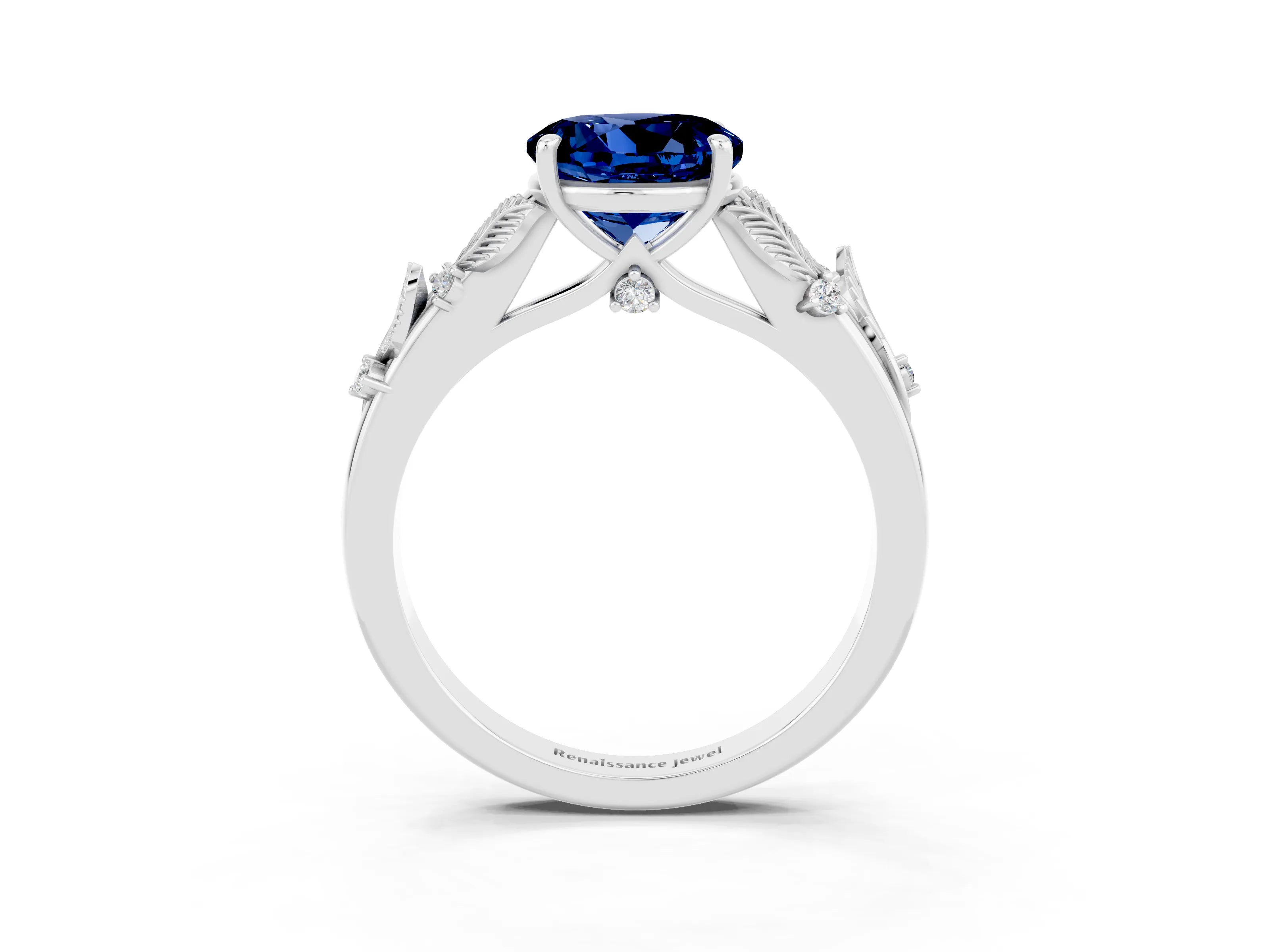 White gold Round Cut Blue Sapphire Solitaire Ring with Leaf Motif Band and Four-Prong Setting_34
