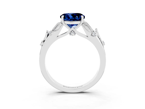 White gold Round Cut Blue Sapphire Solitaire Ring with Leaf Motif Band and Four-Prong Setting