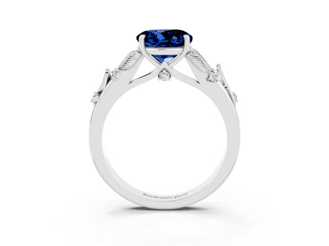 White gold Round Cut Blue Sapphire Solitaire Ring with Leaf Motif Band and Four-Prong Setting_34