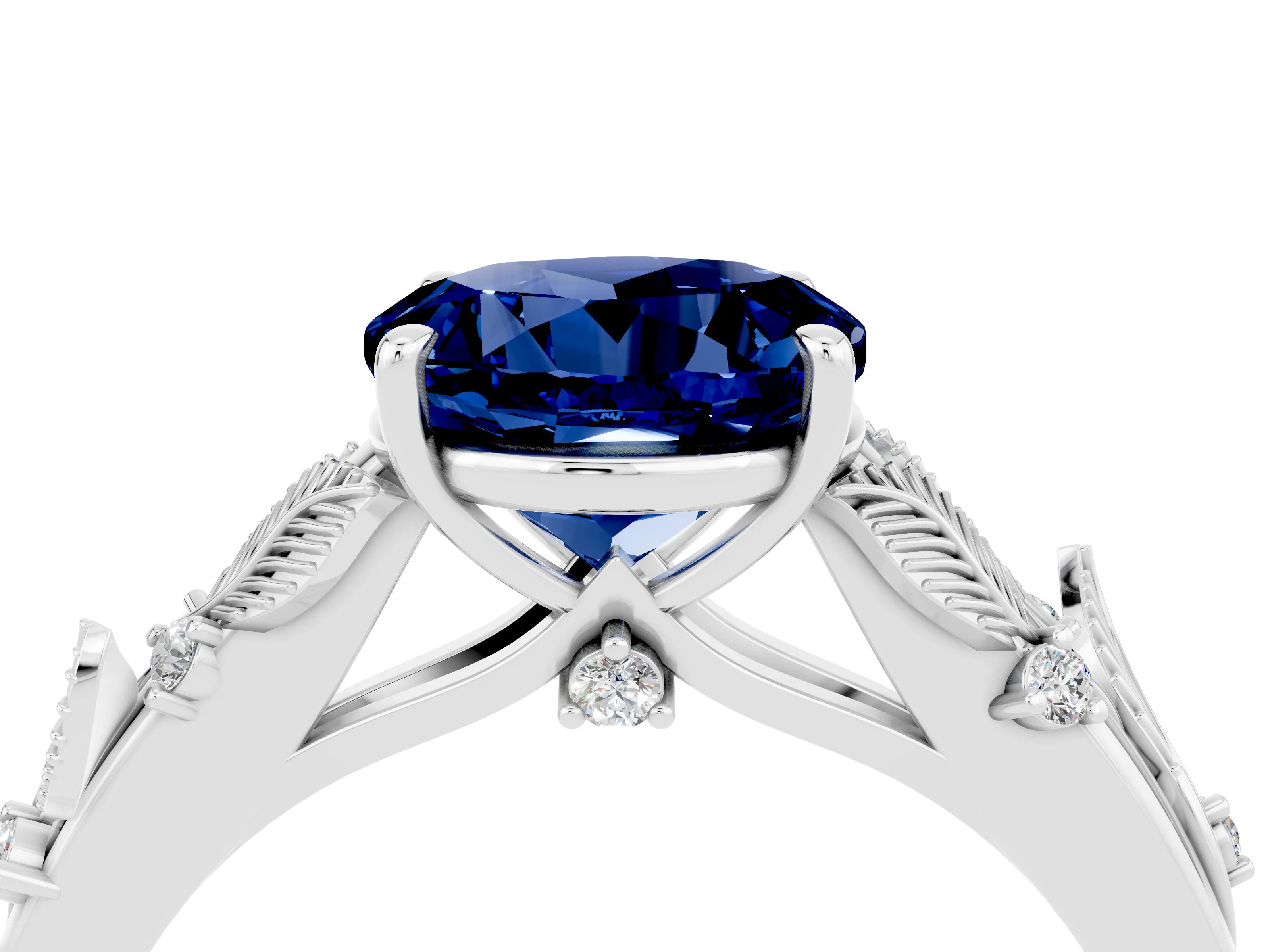 White gold Round Cut Blue Sapphire Solitaire Ring with Leaf Motif Band and Four-Prong Setting_35