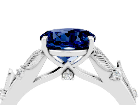 White gold Round Cut Blue Sapphire Solitaire Ring with Leaf Motif Band and Four-Prong Setting_35