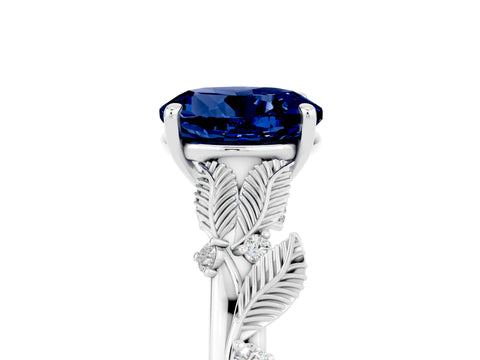 White gold Round Cut Blue Sapphire Solitaire Ring with Leaf Motif Band and Four-Prong Setting_36