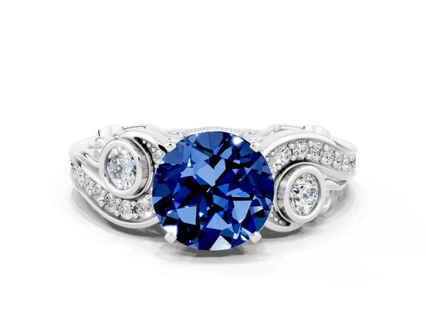 Silver Round Cut Blue Sapphire Solitaire Ring with Milgrain Pavé Band and Four-Prong Setting