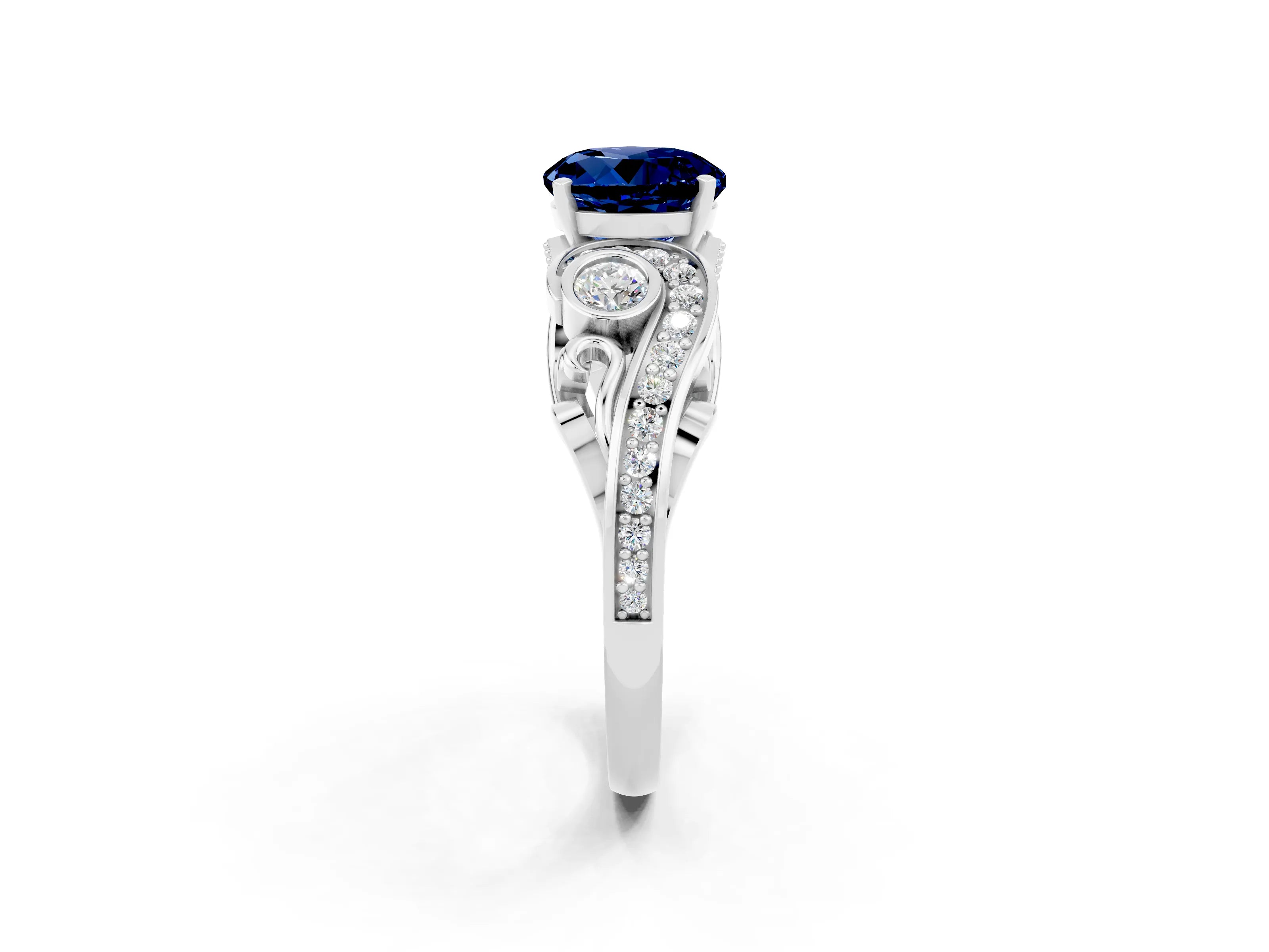 White gold Round Cut Blue Sapphire Solitaire Ring with Milgrain Pavé Band and Four-Prong Setting_14