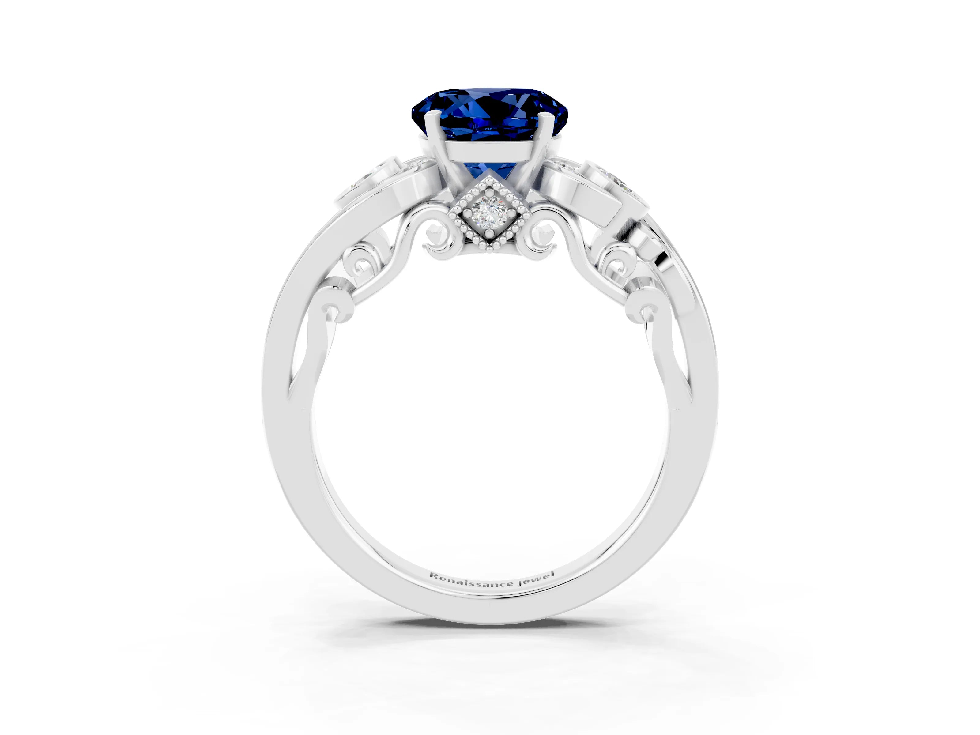 White gold Round Cut Blue Sapphire Solitaire Ring with Milgrain Pavé Band and Four-Prong Setting_15